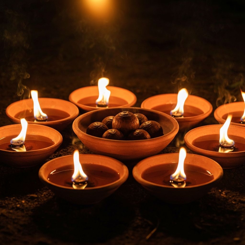 Sacred terracotta bowls with palm oil flames and Ifá ikins in circular formation
